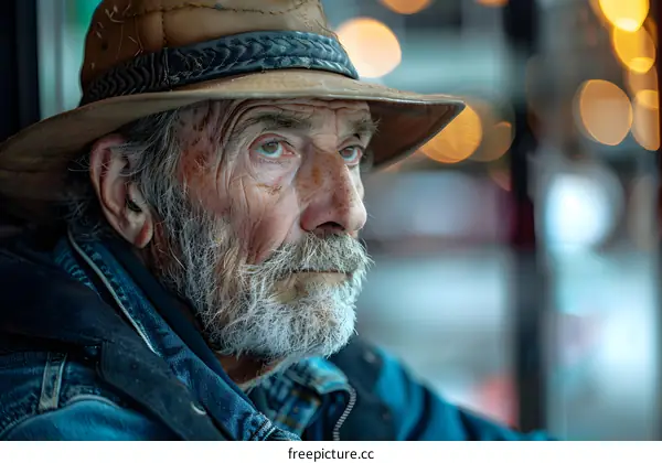portrait of an old man with a hat looking away