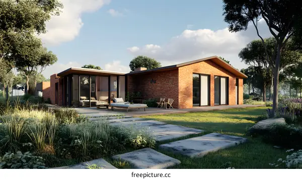 Modern Brick House with Outdoor Patio and Lush Greenery