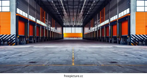 Empty Warehouse Interior with Orange Roller Shutters