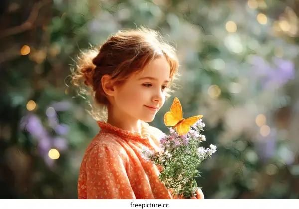A Little Girl and a Butterfly in a Garden