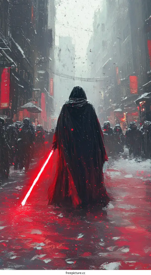 Dark Figure in Snowy Cityscape with Lightsaber