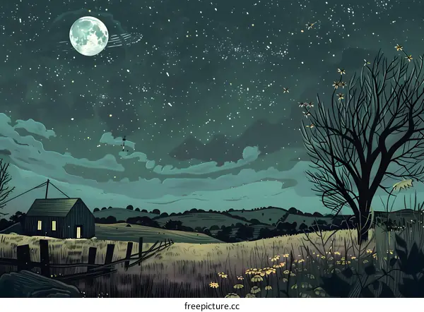 Night Sky Illustration with Full Moon Over Rolling Hills and a Small Cabin