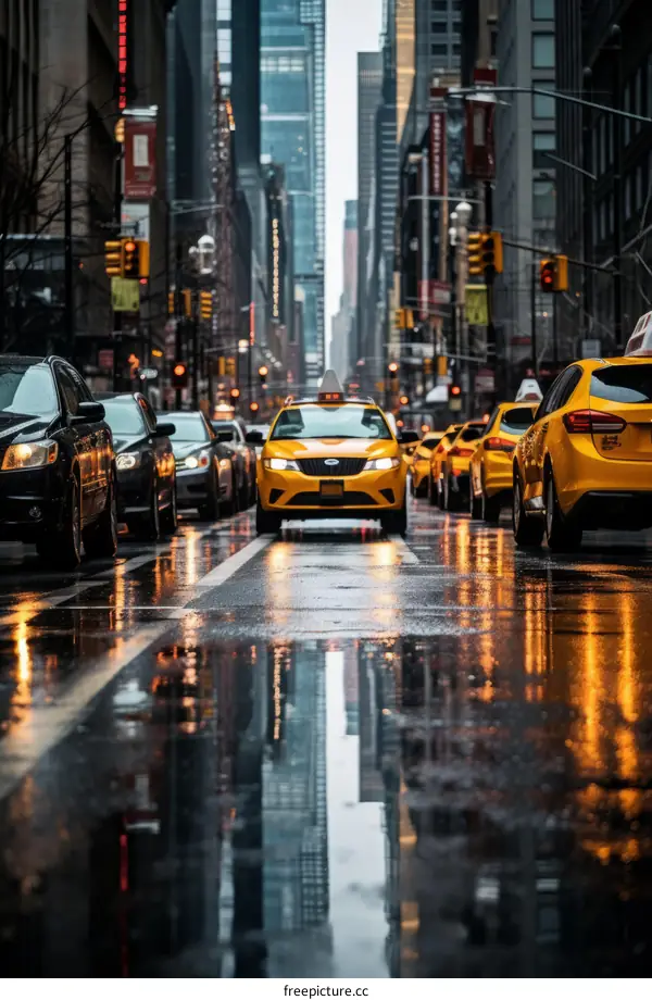 Yellow Cab Driving Through New York City's Skyline on a Rainy Afternoon
