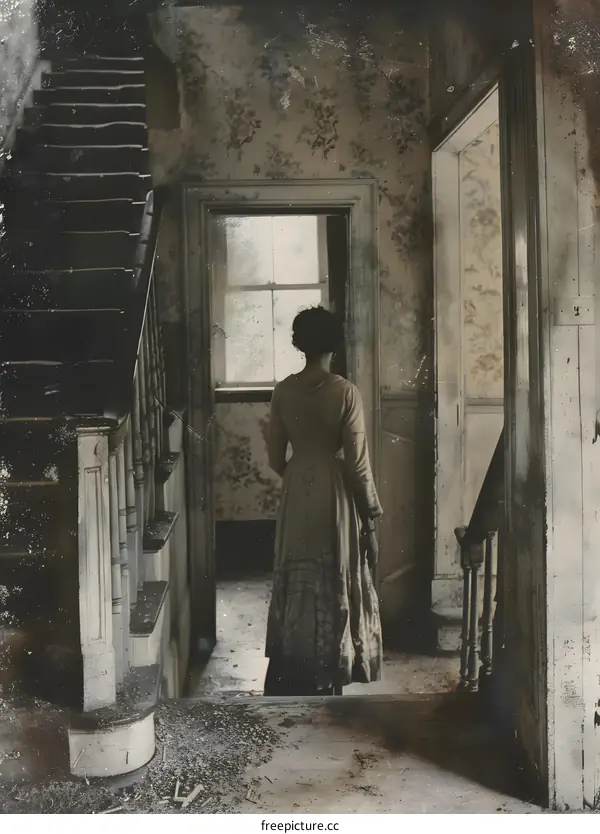 Woman in a Abandoned House in Vintage Style