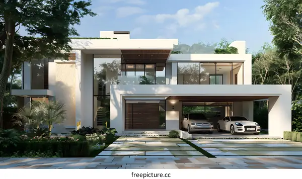 Modern Luxury House With Green Roof and Two Cars in Garage