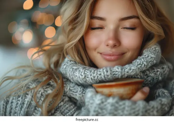 Young beautiful woman drinking hot tea or coffee from cup and enjoying the taste