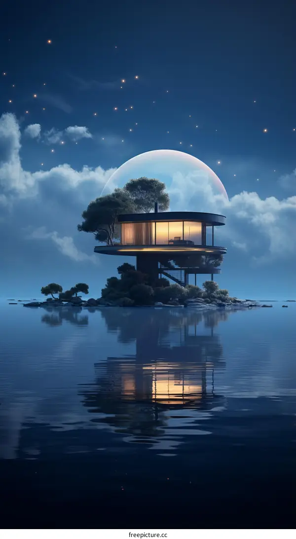 futuristic house on stilts above water with moon in background