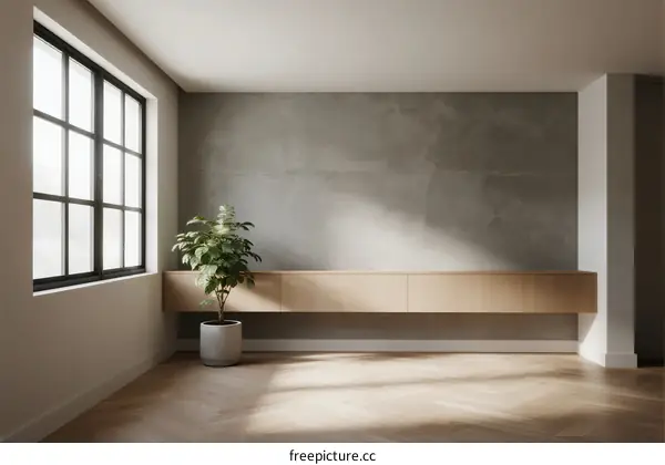 Modern minimalist room with large window and wooden shelf