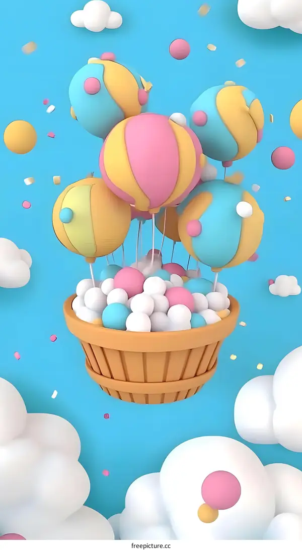 Colorful Balloon Basket Illustration with Clouds