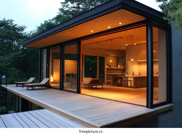 Modern Wooden House with Deck and Sliding Glass Doors