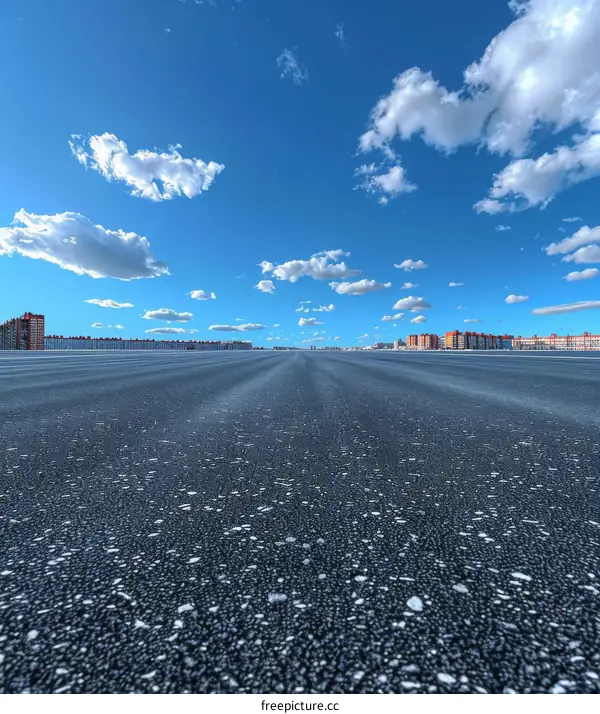New Asphalt Road Stretching to the Horizon Under a Blue Sky