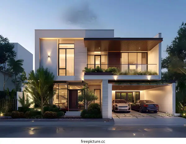 Modern Home Exterior Design with Two Cars in Garage