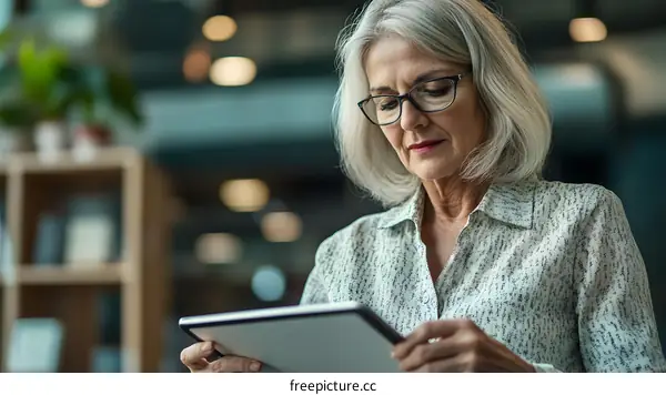 Senior Woman with Glasses Uses a Tablet While Sitting in a Modern Office