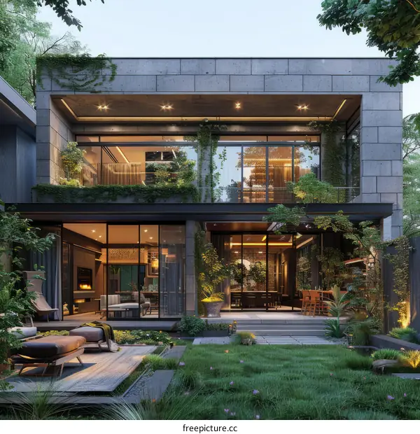 Modern and minimalist two-story house with large glass windows and a beautiful garden