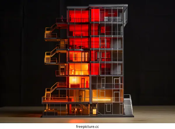 Modern Building Architecture Model With Red Lighting