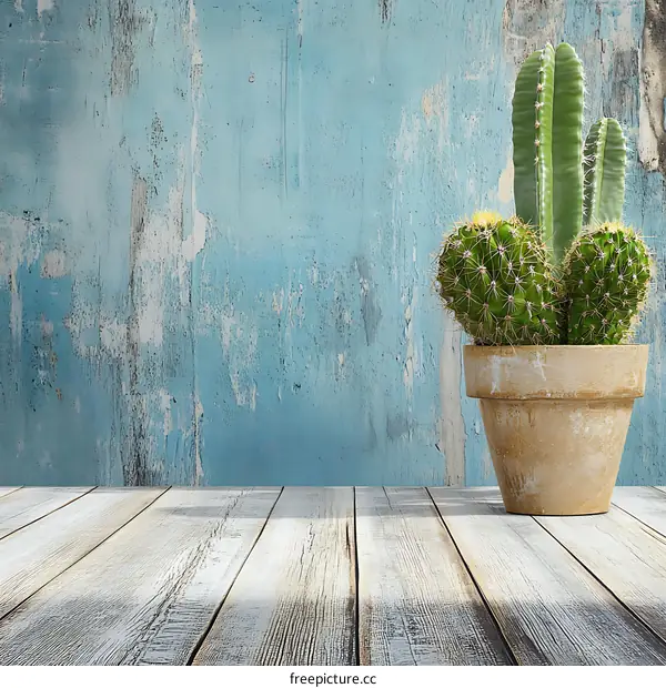 Cactus Plant on Wooden Table With Blue Background