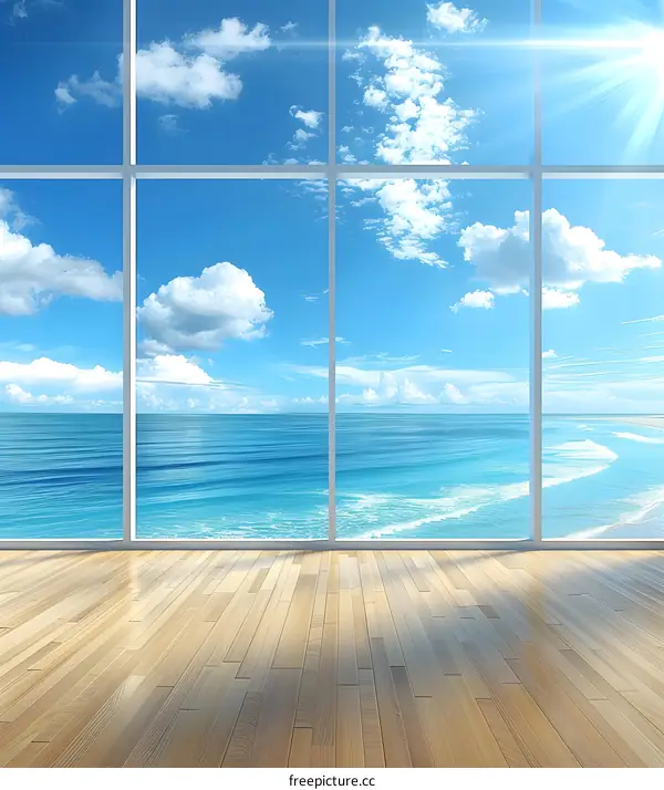 Ocean View Through Large Window with Wooden Floor