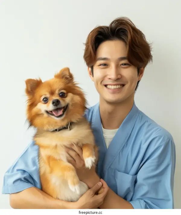 Asian man smiling with a Pomeranian dog