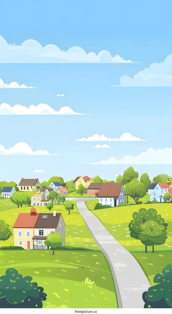 Cartoon Illustration of a Small Town with Houses and Trees under a Blue Sky