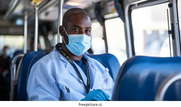 Young African-American man wearing a surgical mask and gloves on a bus