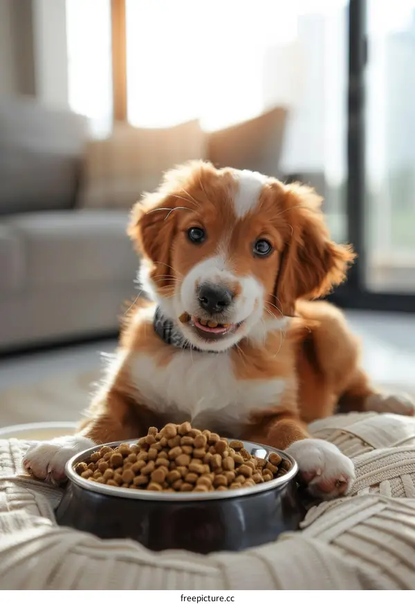 An adorable brown and white puppy dog eating dry food from a bowl