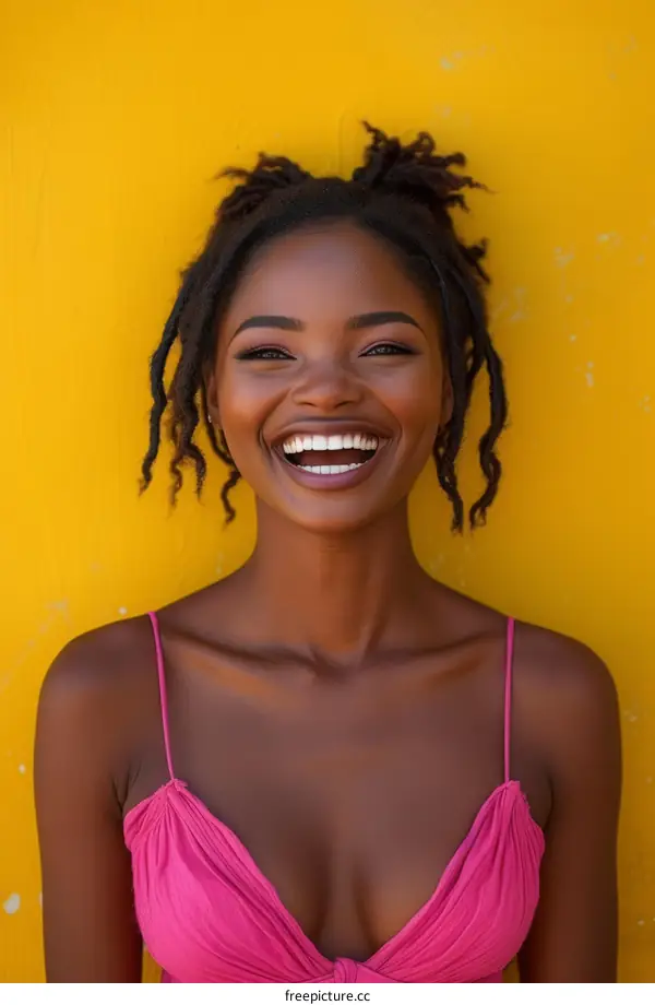 Portrait of a beautiful young African woman with dreadlocks smiling happily