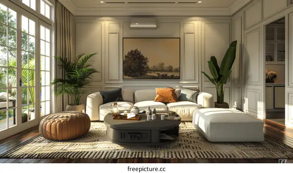 Modern Living Room Interior Design with Sofa, Coffee Table and Green Plants