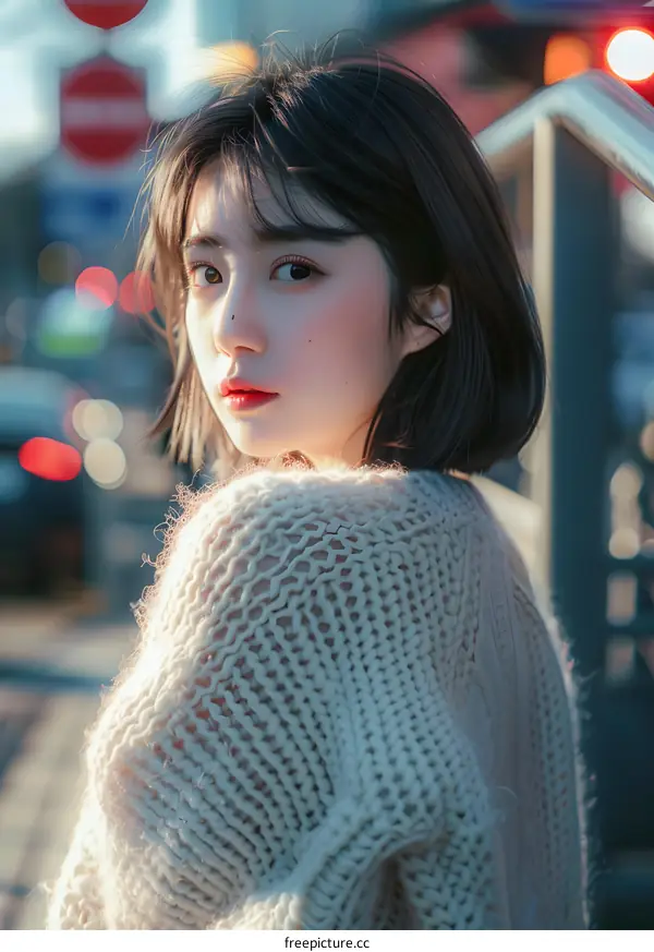 Young Woman in Knitted Sweater Looking Over Shoulder