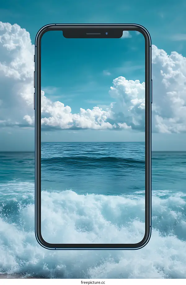 Smartphone Displaying Ocean Scene With Blue Sky And White Clouds