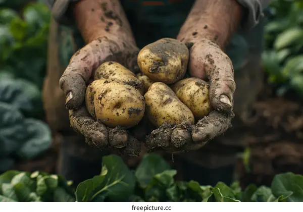Farmer's hands holding freshly harvested organic potatoes