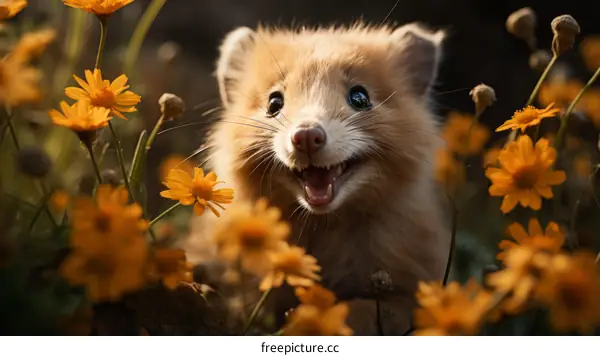 Small cute quokka in a field of yellow flowers