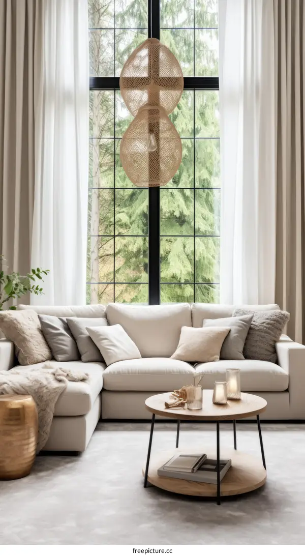 Modern Minimalist Living Room Interior with Large Windows and Comfortable Sofa