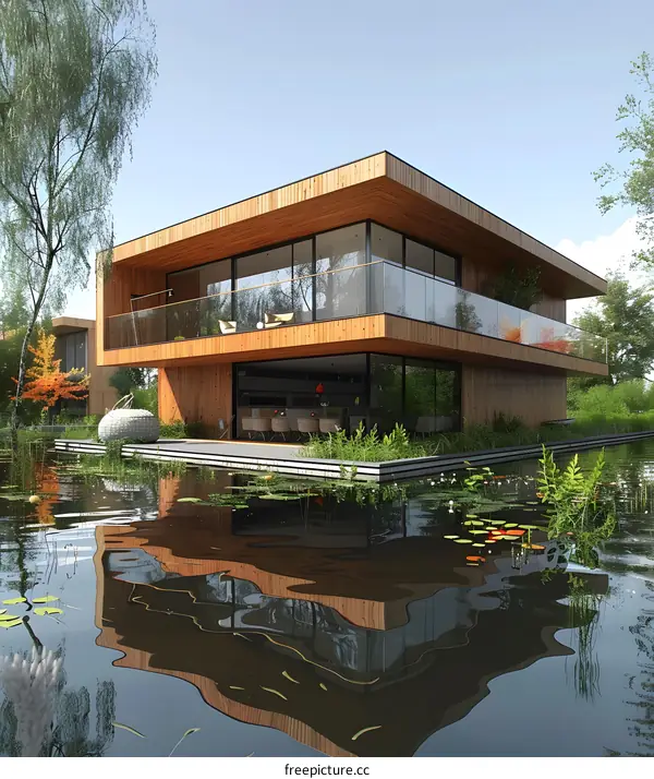 Modern lake house with large glass windows reflecting in the calm water
