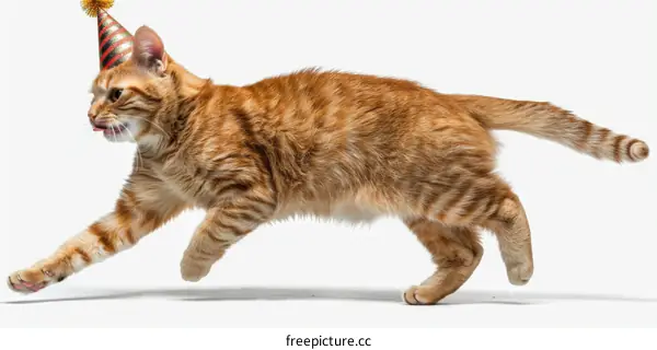 A ginger cat wearing a party hat is running
