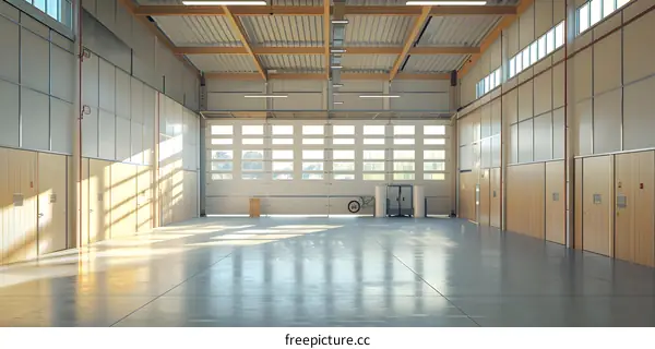modern bright empty warehouse interior with large windows