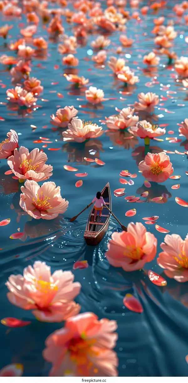 A girl rowing a boat in a lake full of pink flowers