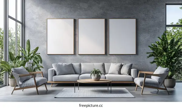 Modern Concrete Living Room Mockup with Empty Frames
