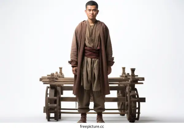 A young man in traditional clothing standing in front of a wooden cart