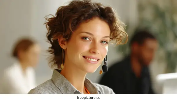 Smiling Caucasian Woman Wearing Headset in Office
