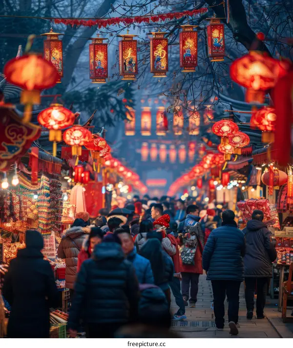 Crowded Hutong Street with Red Lanterns During Spring Festival
