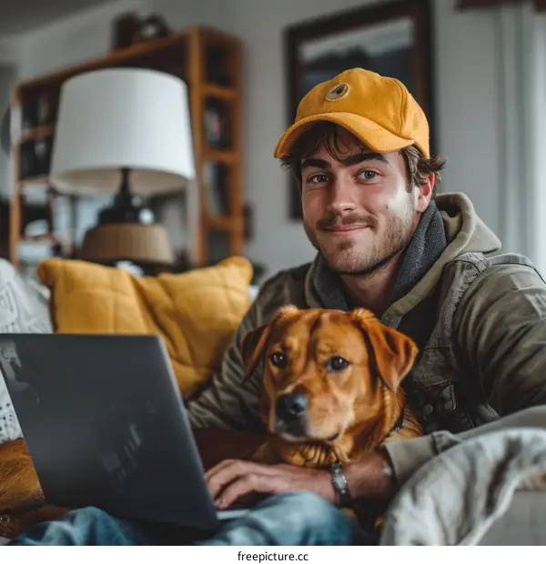 A young man and his dog sit on a couch and look at a laptop.