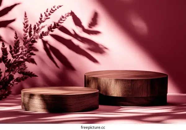 Wooden Display Podiums in Pink Background with Shadow