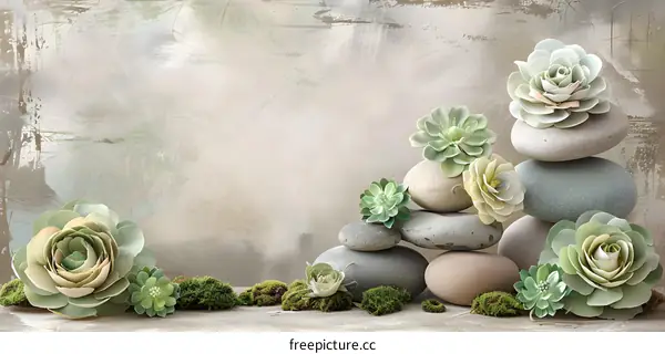 Stacked Stones with Succulents and Moss on a Light Beige Background