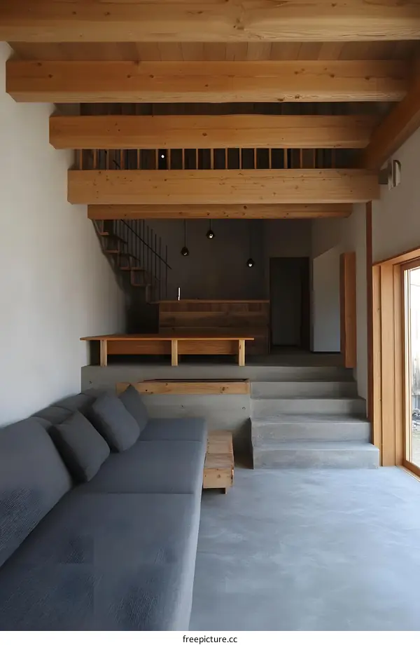 Modern Minimalist Living Room Interior Design with Concrete Floor and Wooden Beams