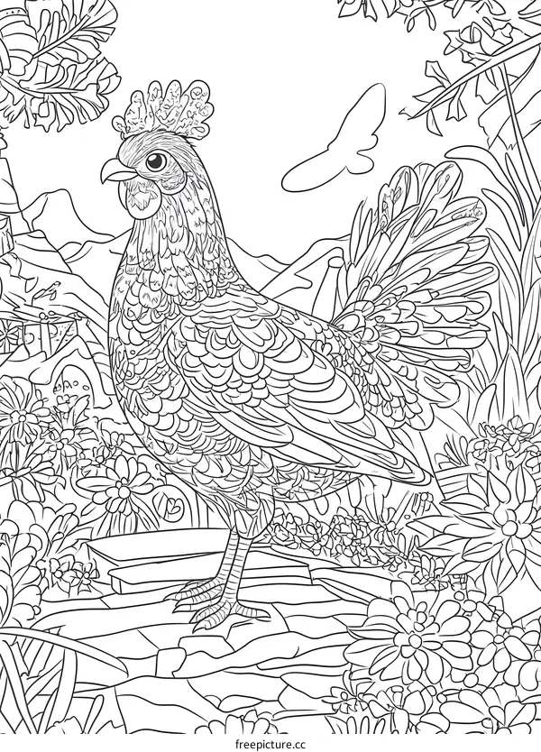 Detailed Zentangle Illustration of a Rooster in a Floral Setting
