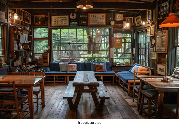 A cozy living room with a large window and a wooden table