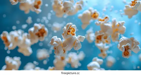 A blue background with a lot of white popcorn pieces