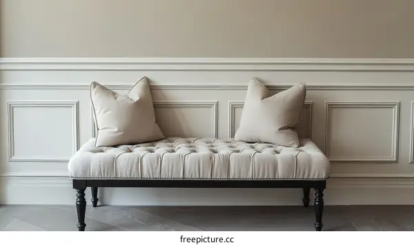 Beige Upholstered Bench with Pillows against a Light Beige Wall