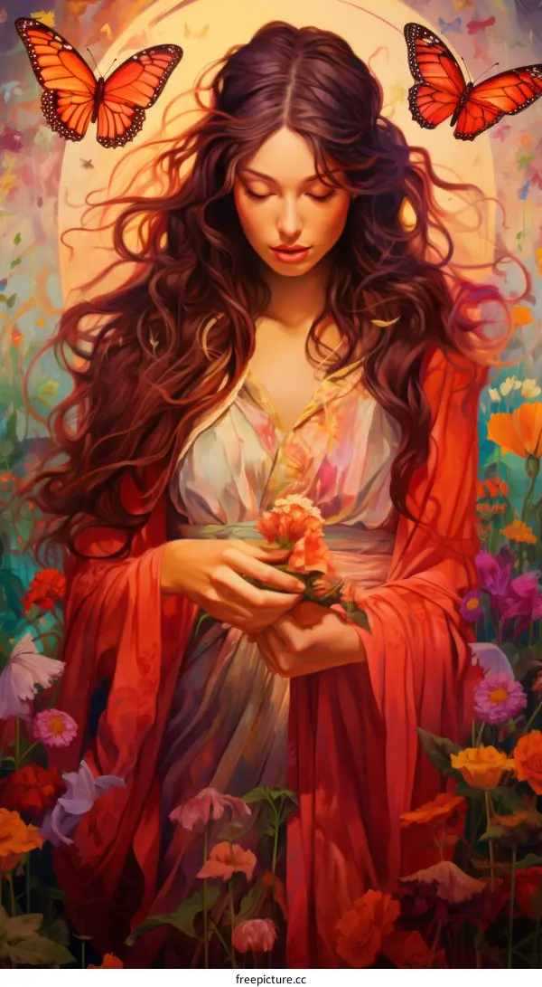 Beautiful Woman in a Flower Field with Butterflies