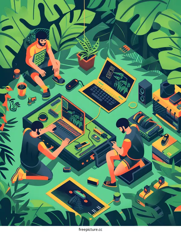 Three men working in a lush green jungle setting with computers and music equipment.